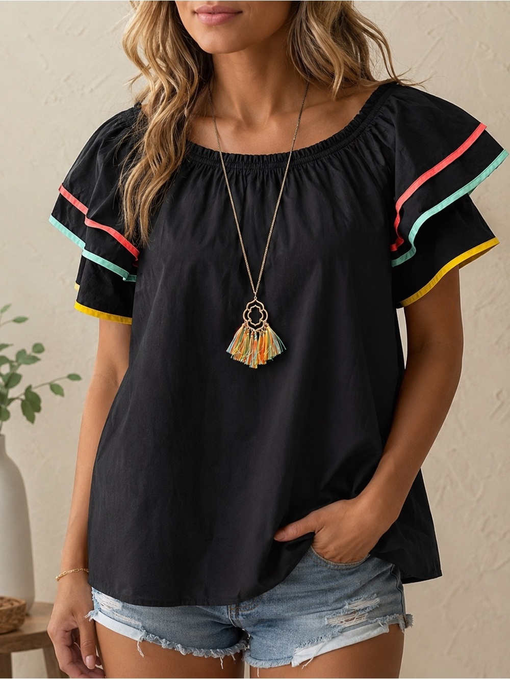 Oddi Black Puff Sleeve Top + Tassel Necklace • Size Small